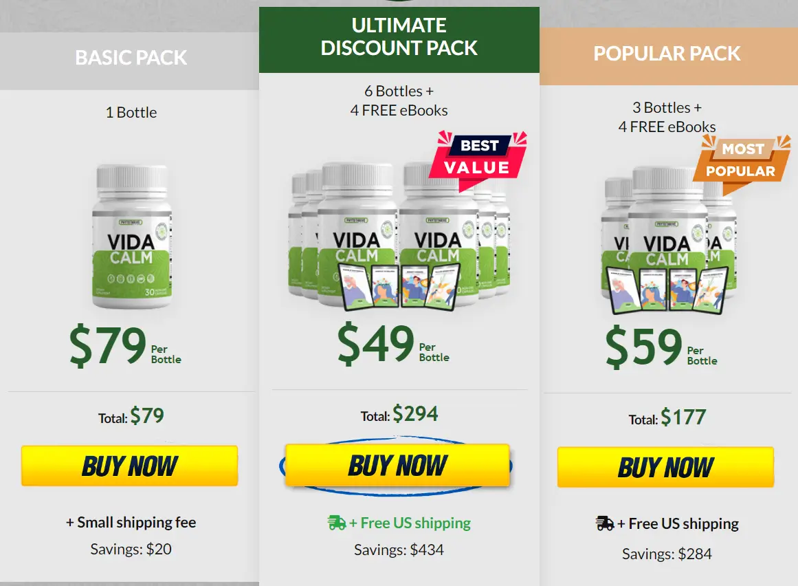vidacalm-price-table
